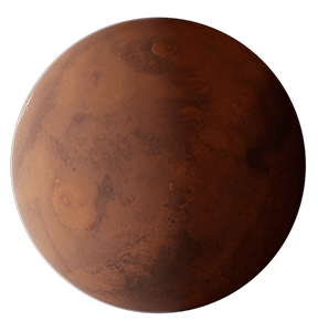 3D render of Mars, showcasing its surface and distinctive red color.